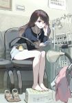  1girl adjusting_earphones bare_legs barefoot black_eyes black_hair black_shirt cellphone commentary_request earphones feet full_body grey_shorts highres holding holding_phone indoors leaning_forward legs long_hair long_sleeves office_lady_taiwan on_chair open_mouth original phone sandals sandals_removed shirt shorts sitting slippers smartphone solo taiwan tennohi toenails toes 