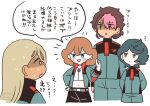  2girls ? alternate_hairstyle arms_behind_back asticassia_school_uniform belt blue_eyes blue_hair blush_stickers curly_hair green_eyes green_jacket guel_jeturk gundam gundam_suisei_no_majo hair_bun jacket kedama_fu long_hair midriff mole mole_under_eye multiple_girls norea_du_noc open_mouth pointing red_hair school_uniform shaddiq_zenelli smile sophie_pulone sweatdrop 