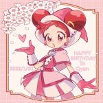  1girl :o blush brooch capelet cherry_blossoms commentary dated double_bun dress earrings english_commentary gloves hair_bun hand_up happy_birthday harukaze_doremi hat heart heart_brooch jewelry looking_at_viewer magical_girl ojamajo_doremi open_mouth petals pink_capelet pink_dress pink_eyes pink_gloves pink_headwear red_hair short_hair solo suzuki_(2red_moon3) witch_hat 