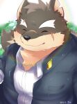  1boy absurdres animal_ears brown_fur brown_hair closed_eyes collared_shirt commentary_request dated dog_boy dog_ears dog_tail eyebrow_cut fang fang_out forked_eyebrows furry furry_male gakuran grass happy highres male_focus moritaka_(housamo) partial_commentary pig_p0318 plump rainbow scar scar_on_cheek scar_on_face school_uniform shirt short_hair smile solo tail thick_eyebrows tokyo_afterschool_summoners two-tone_fur upper_body white_shirt 