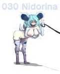  absurd_res anthro big_breasts blue_hair blush breasts clothing female floofykinkumiho generation_1_pokemon hair hi_res leash leggings legwear nidorina nintendo panties pokemon pokemon_(species) solo underwear 