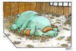  animal_focus barn border closed_eyes elephant highres no_humans open_mouth phanpy pokedex_number pokemon pokemon_(creature) rainbow_feather_(pokemon) risu_ishii signature sleeping solo traditional_media white_border 