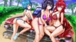  3girls ass back bikini black_hair blue_bikini blue_eyes blue_hair blue_sky breasts car cleavage closed_mouth cloud cloudy_sky commentary commission day dutch_angle english_commentary halterneck high_school_dxd highres himejima_akeno horizon kein_hasegawa knee_up large_breasts leaning_forward leaning_to_the_side long_hair looking_at_viewer looking_back mixed-language_commentary motor_vehicle multiple_girls on_vehicle outdoors palm_tree parted_lips purple_bikini purple_eyes red_bikini red_hair rias_gremory short_hair side-tie_bikini_bottom sitting sky smile standing string_bikini swimsuit tree xenovia_quarta yellow_eyes 