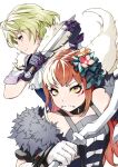  2girls blonde_hair fire_emblem fire_emblem_engage fur_trim gloves hair_ornament highres holding holding_knife holding_weapon knife long_hair makeup merrin_(fire_emblem) multiple_girls namicha orange_hair panette_(fire_emblem) short_hair weapon white_background yellow_eyes 