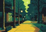  animated animated_gif black_cat building cat crescent_moon fireflies flower green_theme lamppost m178music moon night outdoors pixel_art power_lines scenery sign tree 