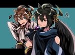  2boys ahoge angel angel_wings armlet black_hair black_wings blue_eyes brown_hair commentary_request dark_pit highres kid_icarus kid_icarus_uprising laurel_crown male_focus multiple_boys notice_lines open_mouth pit_(kid_icarus) red_eyes rune_(ruupokesmash54) siblings signature squiggle sweat twins wings 