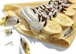  absurdres banana banana_slice butterflyfish chocolate_syrup crepe fish food food_focus fruit highres no_humans original shadow simple_background still_life surreal tainosuke whipped_cream white_background 