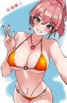  1girl bikini blush breasts c_(theta) earrings eyelashes heart heart_earrings highres idolmaster idolmaster_cinderella_girls jewelry jougasaki_mika medium_breasts navel navel_piercing necklace orange_bikini piercing pink_hair ponytail shiny_skin swimsuit v yellow_eyes 