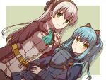  2girls ao_no_kiseki blue_hair cat_hair_ornament chihiro_(chihiro3399) eiyuu_densetsu elie_macdowell green_eyes hair_ornament jacket looking_at_viewer multiple_girls sidelocks simple_background smile thighhighs tio_plato white_hair yellow_eyes zero_no_kiseki 