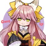  1girl animal_ear_fluff animal_ears blush bow fate/samurai_remnant fate_(series) fox_ears green_eyes heart highres japanese_clothes kimono long_hair matsui_haru pink_hair short_eyebrows sketch sleeves_past_fingers sleeves_past_wrists smile solo tamamo_(fate) tamamo_aria upper_body white_bow wide_sleeves yellow_kimono 