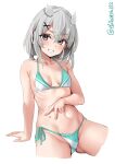  1girl bare_shoulders bikini blush breasts collarbone cropped_legs ebifurya grey_hair hair_between_eyes hair_ornament highres i-201_(kancolle) kantai_collection long_hair looking_at_viewer mole mole_on_stomach navel one-hour_drawing_challenge side-tie_bikini_bottom simple_background smile string_bikini swimsuit thighs twitter_username white_background x_hair_ornament 