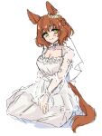  1girl animal_ears aston_machan_(umamusume) breasts brown_hair cleavage closed_mouth commentary_request dress full_body green_eyes hair_between_eyes hide_oo highres horse_ears horse_girl horse_tail medium_breasts see-through see-through_sleeves shadow simple_background sleeves_past_wrists smile solo tail umamusume white_background white_dress 