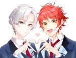  2boys azuma_kurumi blazer blue_eyes blue_jacket closed_mouth collared_shirt commentary_request curtained_hair dream!ing gauze gauze_on_face hakka_shigure heart heart_hands heart_hands_duo jacket lapels long_sleeves loose_necktie male_focus multicolored_clothes multicolored_jacket multiple_boys necktie notched_lapels open_collar open_mouth parted_hair portrait red_hair red_necktie shibasaki_shin&#039;ya shirt short_hair simple_background smile striped striped_jacket teeth white_background white_hair yellow_eyes 