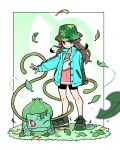  1girl absurdres bike_shorts brown_eyes brown_hair bulbasaur fang full_body green_headwear green_jacket highres holding holding_poke_ball jacket leaf leaf_(pokemon) leaf_(sygna_suit)_(pokemon) lywslanket official_alternate_costume one_eye_closed poke_ball poke_ball_(basic) pokemon pokemon_(game) pokemon_masters_ex red_eyes smile vine_whip 