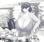  1girl breasts closed_mouth erkaz flower gardening greyscale hairband hand_on_own_hip highres huge_breasts long_sleeves monochrome original outdoors plant rina_atherina short_hair smile solo watering_can white_flower 