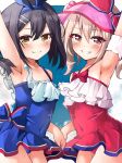 2girls arm_up armpits bare_shoulders black_hair blue_one-piece_swimsuit blush bow breasts brown_eyes cape casual_one-piece_swimsuit collarbone commentary_request cosplay covered_navel dress_swimsuit fate/grand_order fate/kaleid_liner_prisma_illya fate_(series) grin highres illyasviel_von_einzbern illyasviel_von_einzbern_(swimsuit_archer) illyasviel_von_einzbern_(swimsuit_archer)_(cosplay) illyasviel_von_einzbern_(swimsuit_archer)_(second_ascension) inflatable_armbands long_hair looking_at_viewer matching_outfits miyu_edelfelt mochi_(k620803n) multiple_girls one-piece_swimsuit orange_eyes pink_cape red_bow red_eyes red_one-piece_swimsuit revision small_breasts smile star_(symbol) star_print swimsuit thighs twintails visor_cap white_hair 