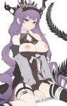  1girl absurdres arknights bare_shoulders black_dress black_thighhighs breasts breasts_out cleavage_cutout clothes_pull clothing_cutout curly_hair dress dress_pull flat_color garter_straps headgear highres horns large_breasts looking_at_viewer mizuhashi_parusui nipples purple_hair red_eyes simple_background single_thighhigh sitting solo tail thighhighs typhon_(arknights) wariza white_background 