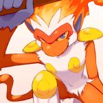  aberu_(ycrr3542) arm_up blue_eyes closed_mouth colored_sclera commentary_request holding infernape looking_at_viewer on_one_knee pokemon pokemon_(creature) solo white_background white_fur yellow_sclera 