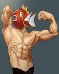  1boy abs absurdres arm_behind_head armpits biceps clenched_hand commentary_request fish_head flexing grey_background hands_up highres looking_to_the_side magikarp male_focus muscular muscular_male navel pokemon sho_bu_1116 solo topless_male veins what 