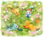  border bright_pupils brown_eyes bulbasaur charmander flame-tipped_tail flower game_boy green_eyes handheld_game_console highres holding holding_handheld_game_console no_humans on_grass open_mouth pikachu pink_flower plant playing_games pokemon pokemon_(creature) pokemon_(game) pokemon_rgby red_eyes siho1209 sparkle squirtle sweatdrop turtle_shell vines white_border white_flower white_pupils 