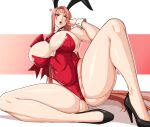  1girl alecto_0 amputee anger_vein animal_ears baiken bare_shoulders breasts cleavage covered_navel detached_collar facial_tattoo fake_animal_ears forehead guilty_gear guilty_gear_strive high_heels highleg highleg_leotard highres large_breasts leotard long_hair looking_to_the_side one-eyed open_mouth parted_bangs pink_hair playboy_bunny rabbit_ears red_eyes red_leotard scar scar_across_eye scar_on_face solo spread_legs tattoo wrist_cuffs 
