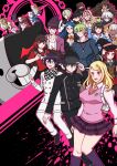  6+boys 6+girls :d ahoge akamatsu_kaede amami_rantarou antenna_hair backpack bag barbed_wire black_background black_choker black_hair black_headwear black_sailor_collar blonde_hair blood blue_hair bow bowtie breasts brown_hair brown_vest buttons chabashira_tenko checkered_clothes checkered_scarf choker danganronpa_(series) danganronpa_v3:_killing_harmony donutous double-breasted everyone glasses goggles goggles_on_head gokuhara_gonta green_hair grey_bag grey_hair grey_jacket grey_pants grin hair_between_eyes hair_ornament hair_over_one_eye hair_scrunchie harukawa_maki hat highres hoshi_ryouma iruma_miu jacket jewelry keebo long_hair long_sleeves looking_at_viewer maid_headdress momota_kaito monodam monofunny monokid monokuma monosuke monotarou_(danganronpa) multiple_boys multiple_girls musical_note musical_note_hair_ornament necklace necktie open_clothes open_jacket open_mouth orange_bow orange_bowtie orange_necktie ouma_kokichi pants pink_background pink_blood pink_jacket pink_sweater_vest pink_vest purple_skirt red_hair red_scrunchie red_skirt saihara_shuuichi sailor_collar scarf school_uniform scrunchie serafuku shinguuji_korekiyo shirogane_tsumugi shirt short_hair skirt smile striped striped_jacket striped_pants sweater_vest teeth toujou_kirumi vest witch_hat yonaga_angie yumeno_himiko 