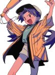  1girl :d arms_up bangs baseball_cap casey_(pokemon) commentary_request excited eyelashes green_shirt hat highres jacket knees long_hair ok_ko19 open_clothes open_jacket open_mouth pokemon pokemon_(anime) pokemon_(classic_anime) purple_eyes purple_hair shirt shorts simple_background smile solo thumbs_up twintails white_background yellow_jacket 