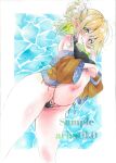  1girl absurdres arim0k0 artist_name bare_shoulders bikini black_bikini blonde_hair blue_background blush breasts commentary copyright_name feet_out_of_frame green_eyes highres large_breasts looking_at_viewer mizuhashi_parsee navel one_side_up pointy_ears ponytail solo swimsuit touhou traditional_media underboob 