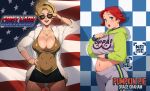  2girls 3d american_flag animal_ears black_hairband blonde_hair bracelet breasts character_name cleavage commentary covered_navel crisisbeat cropped_hoodie dress english_commentary fur_coat green_eyes groin hairband hood hoodie jewelry large_breasts lipstick makeup multiple_girls navel necklace open_mouth oppai_hoodie original pants pantyhose plump red_hair short_dress short_hair smile star_(symbol) star_necklace sunglasses sweatpants 