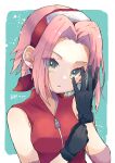  1girl akkai_(0343) bare_shoulders black_gloves forehead_protector gloves green_eyes haruno_sakura highres konohagakure_symbol looking_at_viewer naruto_(series) naruto_shippuuden open_mouth pink_hair shirt short_hair sleeveless sleeveless_shirt solo upper_body zipper_pull_tab 