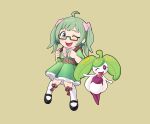 1girl alternate_costume bag belt bow clover fire_emblem fire_emblem_fates glasses green_hair highres midori_(fire_emblem) non-web_source one_eye_closed open_mouth pink_bow pokemon pokemon_(creature) purple_eyes steenee twintails 