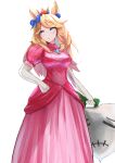  &gt;:( 1girl absurdres animal_ears blonde_hair blue_bow blue_eyes bow breasts brooch commentary_request cosplay cowboy_shot crown dress elbow_gloves gloves gold_city_(umamusume) hair_bow highres horse_ears jewelry long_hair mario_(series) medium_breasts mini_crown pink_dress princess_peach princess_peach_(cosplay) puffy_short_sleeves puffy_sleeves radish rakasei5050 short_sleeves simple_background solo standing umamusume v-shaped_eyebrows white_background white_gloves 