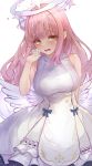  1girl angel_wings asaikeu blue_archive breasts commentary dress feathered_wings frilled_ribbon frills hair_ribbon halo highres large_breasts looking_at_viewer low_wings mika_(blue_archive) open_mouth pink_hair pink_halo ribbon simple_background solo white_background white_dress white_ribbon white_wings wings yellow_eyes 