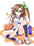  1girl ball barefoot basketball_(object) blue_buruma blue_socks blush breasts brown_hair buruma green_eyes gym_uniform highres if_(neptune_series) kazuneko_(wktk1024) long_hair neptune_(series) one_side_up ribbon shoes sitting small_breasts socks solo spread_legs very_long_hair 