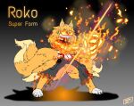  6_tails absurd_res anthro burnt_clothing clothing elemental_manipulation english_text fire fire_manipulation hi_res kojoarts male mobian_fox multi_tail name_drop roko_prower sega solo sonic_the_hedgehog_(series) super_form tail text 