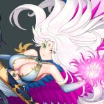  2girls bare_shoulders breasts commentary_request green_eyes highres kairos_fateweaver large_breasts long_hair multiple_girls out_of_frame personification rakuri_(rwrn5475) solo_focus total_war:_warhammer_3 very_long_hair warhammer_40k white_hair yellow_eyes 