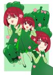  1girl @_@ absurdres aged_down arima_kana blunt_bangs blush bob_cut dress food-themed_hat green_dress green_pepper highres long_sleeves multiple_views oshi_no_ko red_eyes red_hair short_hair smile turtleneck xiang_yu_pai 