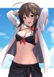  1girl ahoge akahi242 bikini black_bikini black_sarong blue_eyes blush braid breasts brown_hair collarbone hair_between_eyes highres jacket kantai_collection long_hair medium_breasts navel open_clothes open_jacket open_mouth revision sarong shigure_(kancolle) shigure_kai_ni_(kancolle) single_braid smile solo swimsuit white_jacket 