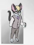  2020 animal_crossing anthro biped black_tail blonde_hair brown_eyes clothed clothing domestic domestic_cat eyewear felid feline felis fironmaplez_(artist) fur glasses green_eyes grey_body grey_fur hair heterochromia hi_res male mammal necktie nintendo raymond_(animal_crossing) shirt simple_background solo standing tail topwear vest 