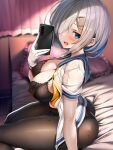  1girl :d absurdres arm_support bed bedroom black_bra black_pantyhose blue_eyes blue_sailor_collar blurry blurry_background blush bra breasts cellphone commentary_request gloves grey_hair hair_over_one_eye hamakaze_(kancolle) highres holding holding_phone indoors kantai_collection lace-trimmed_bra lace_trim large_breasts long_hair looking_at_viewer on_bed open_clothes open_mouth open_shirt pantyhose phone sailor_collar school_uniform serafuku shirt short_hair short_sleeves sitting smartphone smile solo torisan underwear white_gloves white_serafuku white_shirt 