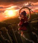  1girl alinoce716 bird cloud cloudy_sky copyright_request highres mountain mountainous_horizon orange_sky pillar rope shimenawa sky sunset yasaka_kanako 