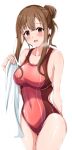  1girl absurdres arm_behind_back blunt_bangs blush breasts brown_eyes brown_hair cleavage collarbone commentary_request competition_swimsuit cowboy_shot hair_bun highres holding holding_towel idolmaster idolmaster_cinderella_girls large_breasts long_hair looking_at_viewer mizumoto_yukari navel one-piece_swimsuit open_mouth raindrop746079 red_one-piece_swimsuit sidelocks simple_background smile solo sports_bikini standing steam swimsuit thighs towel wet white_background 