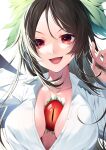  1girl :d absurdres black_hair bow breasts chest_jewel cleavage commentary_request green_bow hair_bow highres kaede_(mmkeyy) large_breasts long_hair looking_at_viewer open_mouth red_eyes reiuji_utsuho simple_background smile solo third_eye_on_chest touhou upper_body white_background 