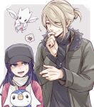  1boy 1girl blonde_hair blue_eyes blue_hair commentary_request dawn_(pokemon) hand_on_own_face hat highres jacket jewelry looking_up necklace official_alternate_costume open_clothes open_jacket piplup pokemon pokemon_(game) pokemon_dppt pokemon_legends:_arceus rigu_(aiide) scarf sidelocks smile spoken_squiggle squiggle sweatdrop togetic turtleneck volo_(pokemon) winter_clothes 