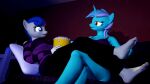  2022 3d_(artwork) 4k absurd_res amber_eyes anthro anthrofied barefoot big_breasts blue_eyes blue_hair bonbon_(mlp) breasts butt butt_from_the_front clothed clothing curvaceous curvy_figure cutie_mark detailed_background digital_media_(artwork) duo earth_pony equid equine eyelashes feet female female/female fingers food friendship_is_magic fur furniture green_body green_fur hair hasbro hi_res horn horse inside lyra_heartstrings_(mlp) mammal multicolored_hair my_little_pony off_shoulder open_mouth pink_hair pony popcorn shirt sitting smile sofa source_filmmaker sweater tank_top teal_body themanwithaquest thick_thighs tickling tickling_feet toes topwear two_tone_hair unicorn voluptuous white_hair wide_hips yellow_body yellow_fur 