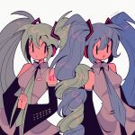  2girls absurdres aqua_hair aqua_nails aqua_necktie auri_(xoauri) bare_shoulders black_eyes black_skirt blue_hair blue_necktie blush collared_shirt detached_sleeves dual_persona eyelashes fingernails grey_shirt hair_between_eyes hair_ornament hands_up hatsune_miku headphones highres long_hair long_sleeves looking_at_another looking_at_viewer microphone multiple_girls nail_polish necktie number_tattoo open_mouth own_hands_together shirt sidelocks simple_background skirt smile standing tattoo tie_clip twintails vocaloid white_background wide_sleeves 