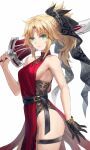  1girl bare_shoulders belt black_gloves blonde_hair braid breasts clarent_(fate) dress fate/apocrypha fate_(series) french_braid gloves green_eyes hair_ribbon highres long_hair looking_at_viewer mordred_(fate) mordred_(fate/apocrypha) parted_bangs ponytail red_dress ribbon sideboob sidelocks small_breasts solo sword thigh_trap thighs tonee weapon 