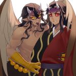  2boys animal_hands beads bird_wings black_kimono brown_hair brown_wings claws clenched_teeth colored_sclera dark-skinned_male dark_skin demon_boy fangs feathered_wings furrowed_brow grey_horns hair_between_eyes harpy_boy holding_another&#039;s_arm horns japanese_clothes kimetsu_no_yaiba kimono long_hair looking_at_another male_focus monster_boy multiple_boys narihira_hira no_shirt pointy_ears red_eyes red_kimono red_sclera sekido_(kimetsu_no_yaiba) sidelocks simple_background smile standing sweat talons teeth text_in_mouth tongue tongue_out upper_body urogi_(kimetsu_no_yaiba) veins white_background wings yellow_eyes yellow_sclera 