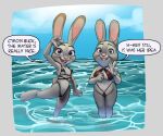  4_fingers anthro bonnie_hopps breasts clothed clothing day dialogue disney duo english_text eyebrows female fingers fur grey_body grey_fur hand_above_head judy_hopps lagomorph leporid long_ears looking_at_viewer mammal mature_anthro mature_female open_mouth outside partially_submerged purple_eyes rabbit raised_leg skimpy small_breasts speech_bubble standing swimwear text thehumancopier water zootopia 