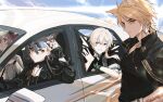  2boys 2girls ambience_synesthesia angel animal_ears arknights artist_name ayami_chan_0122 black_jacket black_nails black_shirt blonde_hair blue_eyes braid car choker closed_mouth collarbone collared_shirt cowboy_shot earrings enforcer_(arknights) eyewear_on_head fiammetta_(arknights) green_choker halo hand_up highres horse_boy horse_ears jacket jacket_on_shoulders jewelry long_hair mlynar_(arknights) motor_vehicle multiple_boys multiple_girls necklace partially_unbuttoned penance_(arknights) red_eyes red_hair shirt short_hair short_ponytail short_sleeves smile standing sunglasses upper_body white_car white_hair wolf_ears wolf_girl yellow_eyes 